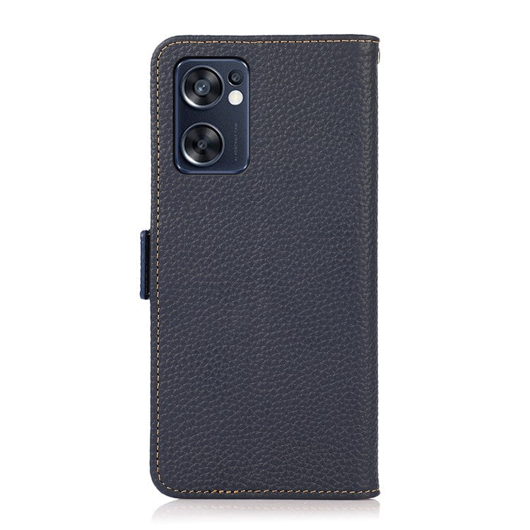 KHAZNEH Top Layer Genuine Leather RFID Blocking Case for Oppo Reno7 SE 5G, Stand Wallet Litchi Texture Phone Cover - Blue