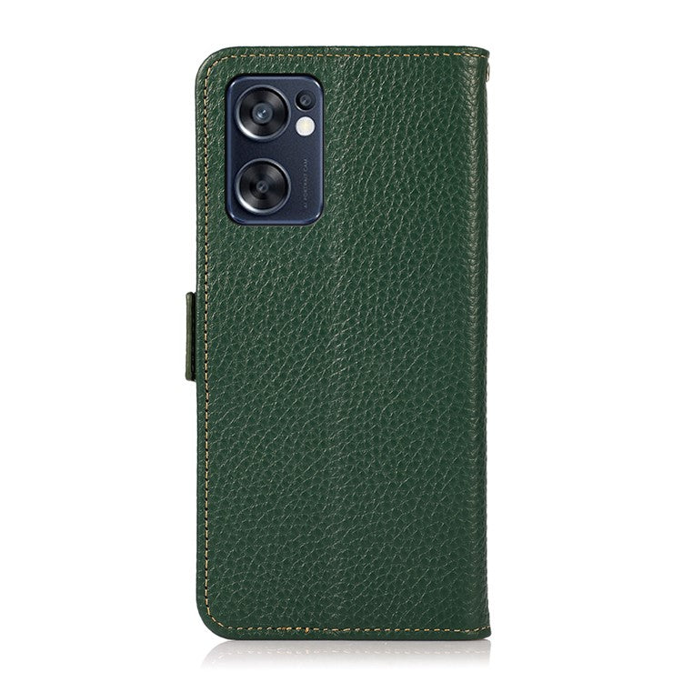 KHAZNEH Top Layer Genuine Leather RFID Blocking Case for Oppo Reno7 SE 5G, Stand Wallet Litchi Texture Phone Cover - Green