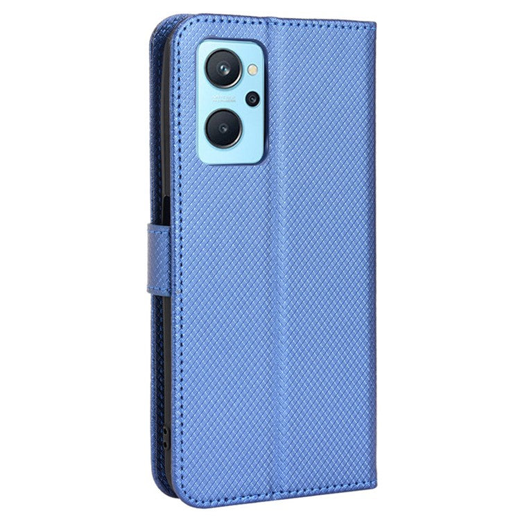 For Realme 9i/Oppo A36 4G/A76 4G Diamond Texture PU Leather Stand Wallet Magnetic Clasp Phone Case Cover with Wrist Strap - Blue