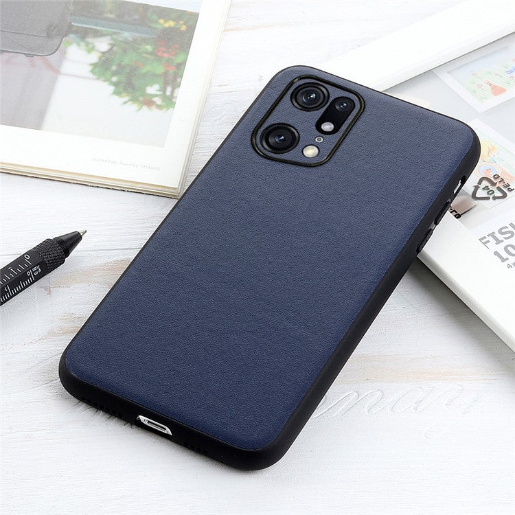 Textured Genuine Leather Coating Case for Oppo Find X5 Pro, PC + TPU Hybrid Phone Cover - Blue