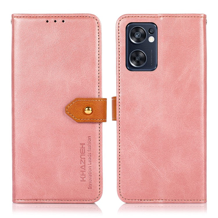 KHAZNEH for Oppo Reno7 SE 5G Scratch-resistant Adjustable Stand Golden Magnetic Clasp PU Leather Phone Cover with Wallet - Rose Gold