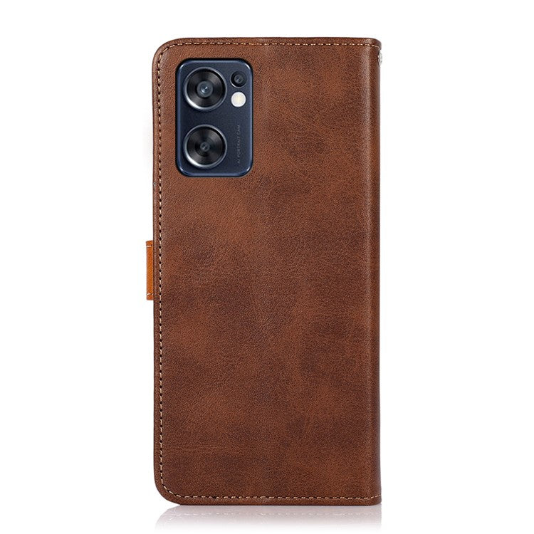 KHAZNEH for Oppo Reno7 SE 5G Scratch-resistant Adjustable Stand Golden Magnetic Clasp PU Leather Phone Cover with Wallet - Brown