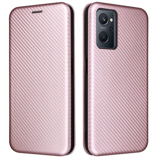 For Realme 9i/Oppo A36 4G/A76 4G Carbon Fiber Texture PU Leather Phone Case Card Slot Stand Cover Shell - Rose Gold