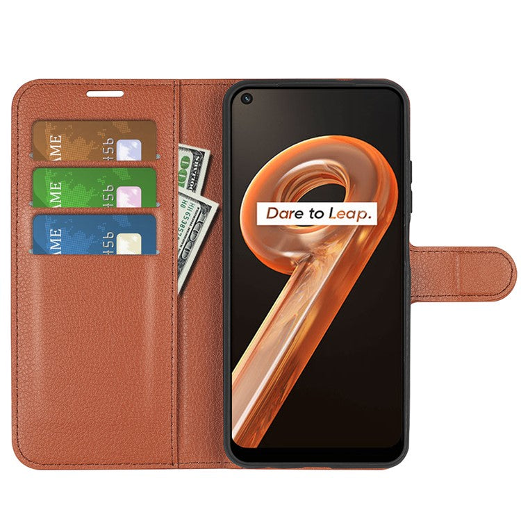 For Realme 9i/Oppo A36 4G/A76 4G Litchi Texture PU Leather Flip Cover Stand Wallet Magnetic Closure Folio Book Phone Case - Brown
