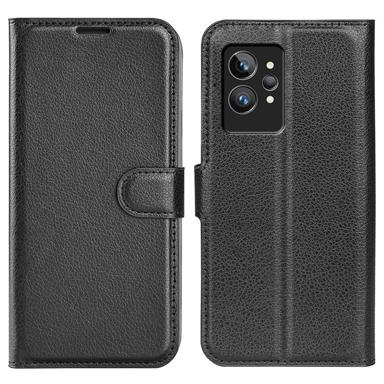 For Realme GT2 Pro Litchi Texture PU Leather Wallet Case Viewing Stand Magnetic Closure Shockproof Flip Folio Cover - Black