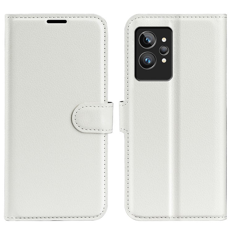 For Realme GT2 Pro Litchi Texture PU Leather Wallet Case Viewing Stand Magnetic Closure Shockproof Flip Folio Cover - White