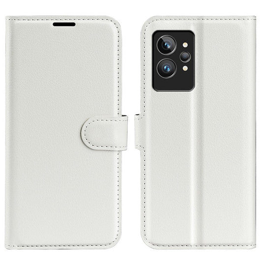For Realme GT2 Pro Litchi Texture PU Leather Wallet Case Viewing Stand Magnetic Closure Shockproof Flip Folio Cover - White