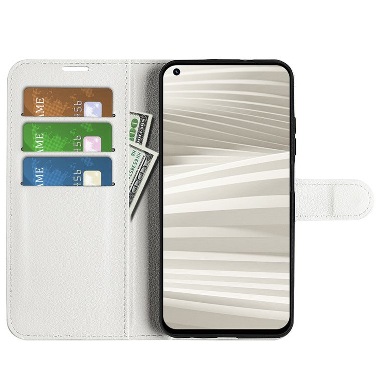 For Realme GT2 Pro Litchi Texture PU Leather Wallet Case Viewing Stand Magnetic Closure Shockproof Flip Folio Cover - White