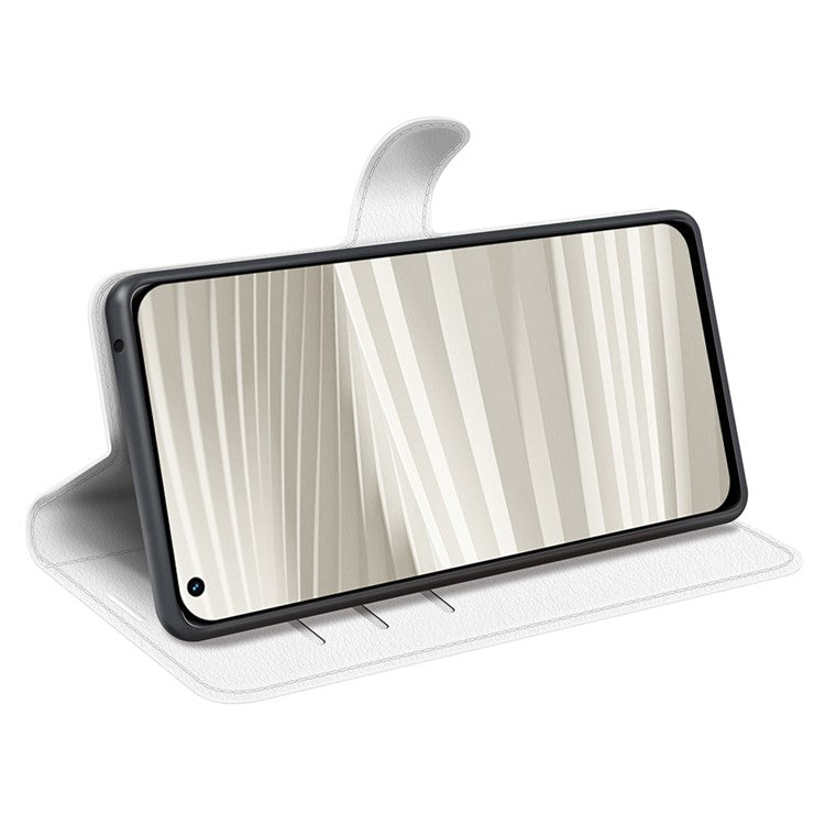 For Realme GT2 Pro Litchi Texture PU Leather Wallet Case Viewing Stand Magnetic Closure Shockproof Flip Folio Cover - White