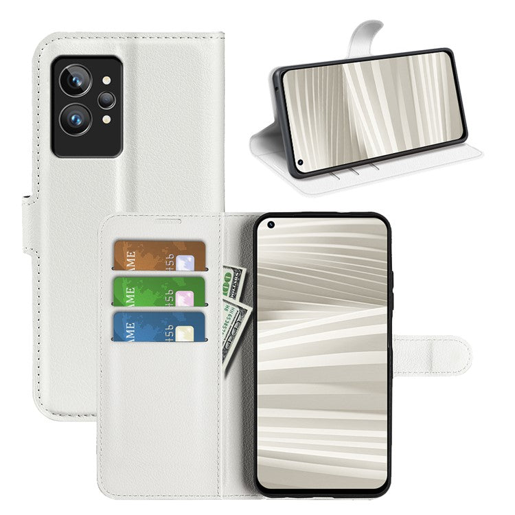 For Realme GT2 Pro Litchi Texture PU Leather Wallet Case Viewing Stand Magnetic Closure Shockproof Flip Folio Cover - White