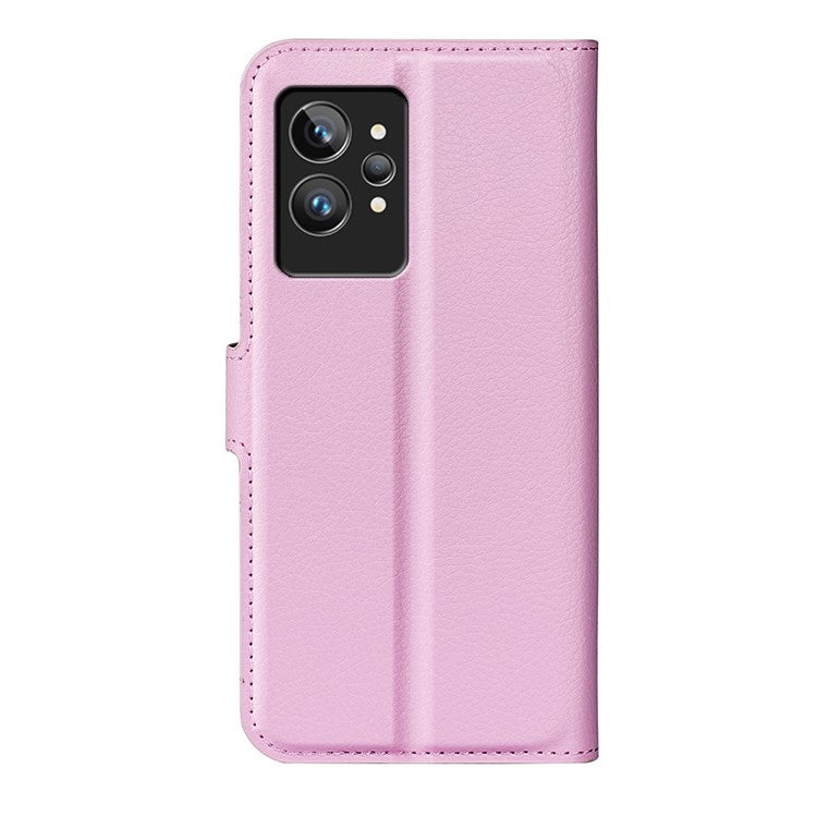 For Realme GT2 Pro Litchi Texture PU Leather Wallet Case Viewing Stand Magnetic Closure Shockproof Flip Folio Cover - Pink
