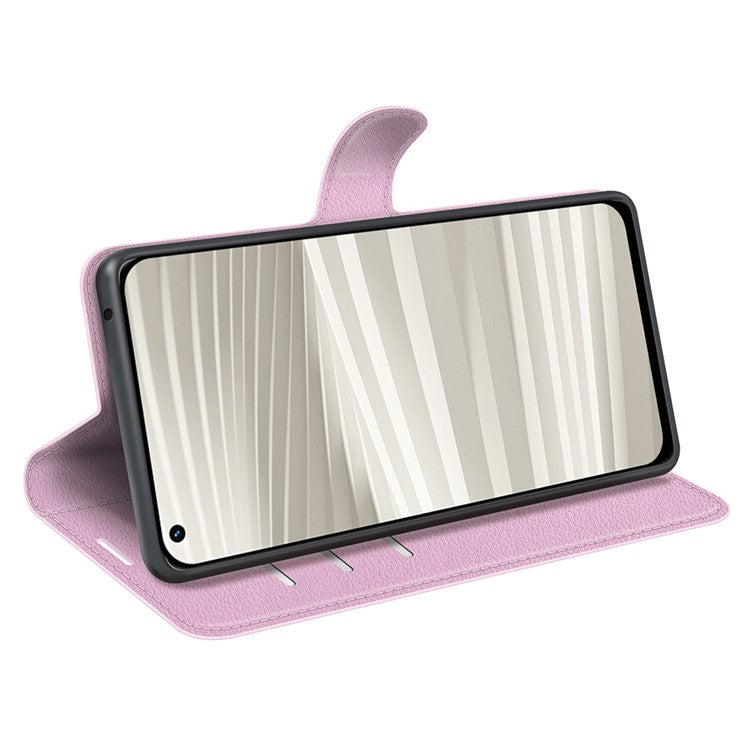 For Realme GT2 Pro Litchi Texture PU Leather Wallet Case Viewing Stand Magnetic Closure Shockproof Flip Folio Cover - Pink