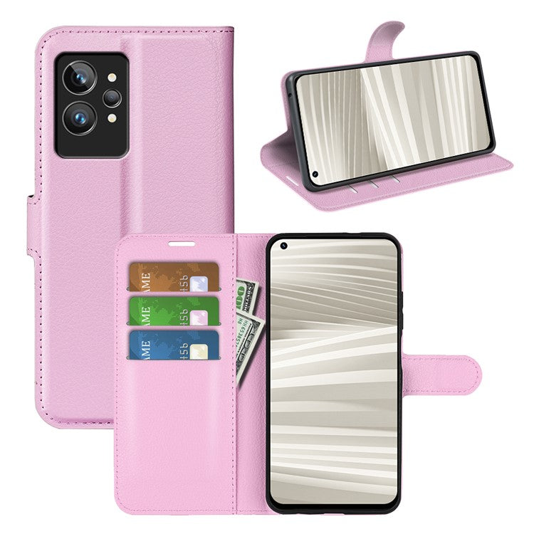 For Realme GT2 Pro Litchi Texture PU Leather Wallet Case Viewing Stand Magnetic Closure Shockproof Flip Folio Cover - Pink