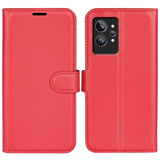 For Realme GT2 Pro Litchi Texture PU Leather Wallet Case Viewing Stand Magnetic Closure Shockproof Flip Folio Cover - Red