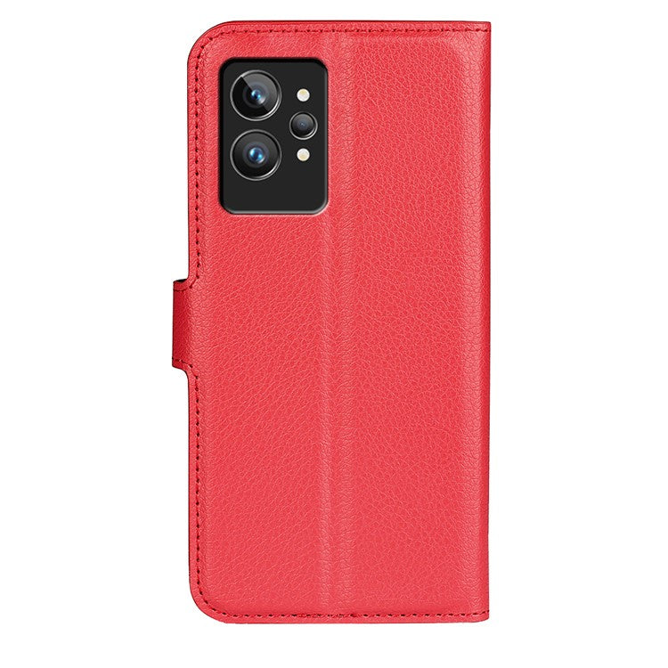 For Realme GT2 Pro Litchi Texture PU Leather Wallet Case Viewing Stand Magnetic Closure Shockproof Flip Folio Cover - Red