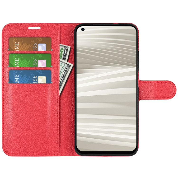 For Realme GT2 Pro Litchi Texture PU Leather Wallet Case Viewing Stand Magnetic Closure Shockproof Flip Folio Cover - Red