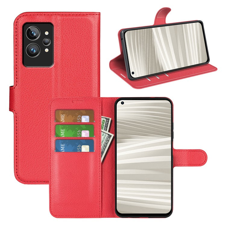 For Realme GT2 Pro Litchi Texture PU Leather Wallet Case Viewing Stand Magnetic Closure Shockproof Flip Folio Cover - Red