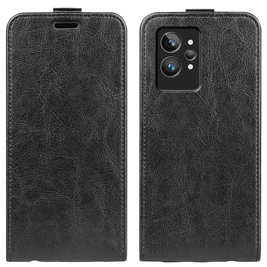 Vertical Flip Folio Phone Case for Realme GT2 Pro, Card Holder Anti-scratch Crazy Horse Texture PU Leather Phone Cover - Black