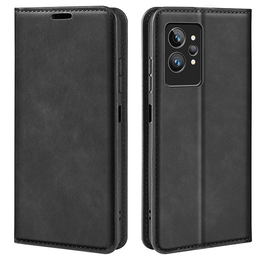 For Realme GT2 Pro Skin-touch Feeling PU Leather Wallet Cover Drop-proof Stand Magnetic Adsorption Mobile Phone Case - Black