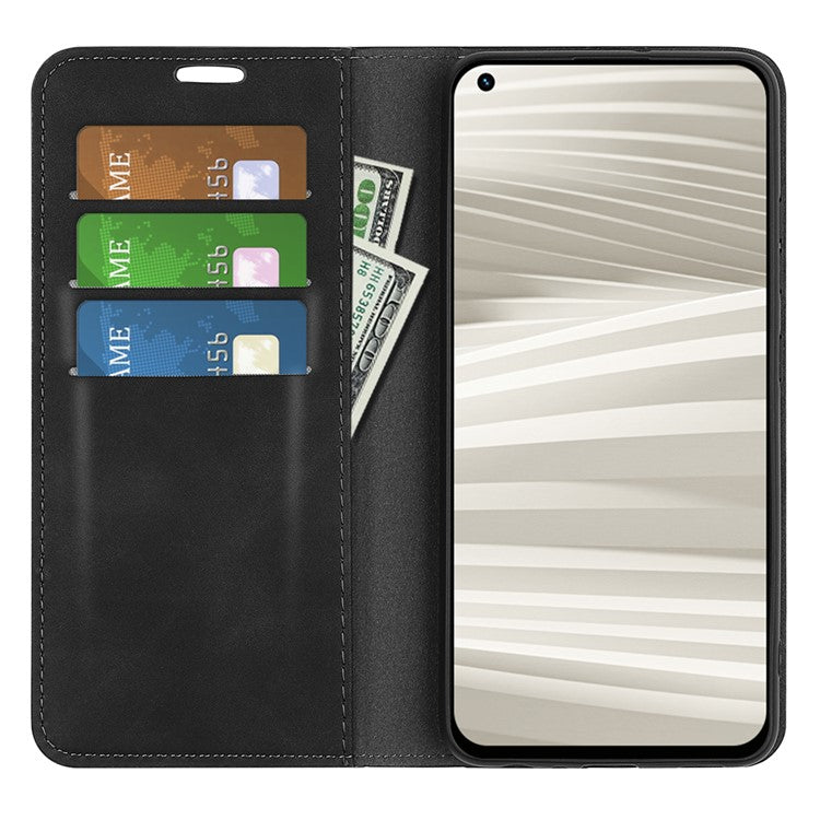 For Realme GT2 Pro Skin-touch Feeling PU Leather Wallet Cover Drop-proof Stand Magnetic Adsorption Mobile Phone Case - Black