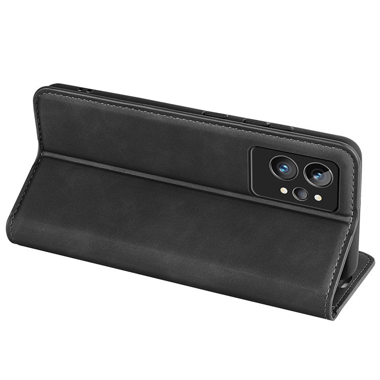 For Realme GT2 Pro Skin-touch Feeling PU Leather Wallet Cover Drop-proof Stand Magnetic Adsorption Mobile Phone Case - Black