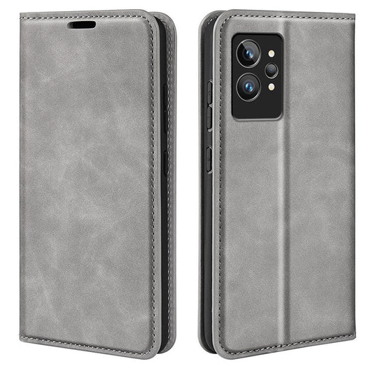 For Realme GT2 Pro Skin-touch Feeling PU Leather Wallet Cover Drop-proof Stand Magnetic Adsorption Mobile Phone Case - Grey