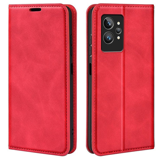 For Realme GT2 Pro Skin-touch Feeling PU Leather Wallet Cover Drop-proof Stand Magnetic Adsorption Mobile Phone Case - Red