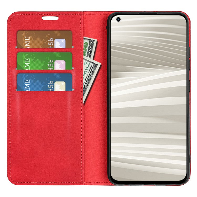 For Realme GT2 Pro Skin-touch Feeling PU Leather Wallet Cover Drop-proof Stand Magnetic Adsorption Mobile Phone Case - Red