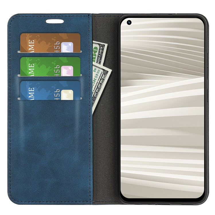 For Realme GT2 Pro Skin-touch Feeling PU Leather Wallet Cover Drop-proof Stand Magnetic Adsorption Mobile Phone Case - Blue