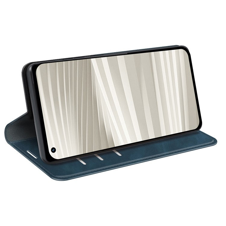 For Realme GT2 Pro Skin-touch Feeling PU Leather Wallet Cover Drop-proof Stand Magnetic Adsorption Mobile Phone Case - Blue