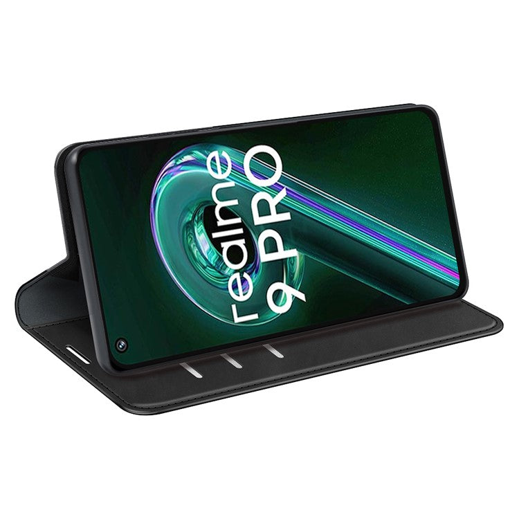 For Realme 9 Pro 5G / 9 5G / V25 / OnePlus Nord CE 2 Lite Magnetic Auto Closing Skin-touch Feeling PU Leather Stand Wallet Phone Case - Black