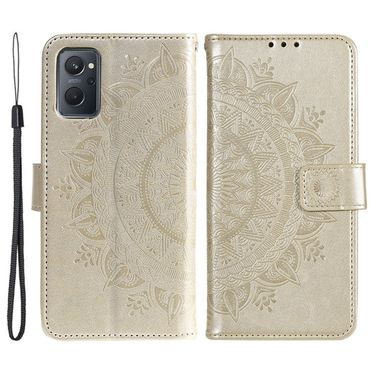 For Realme 9i / Oppo A36/A76 Imprinted Mandala Flower PU Leather Cover Viewing Stand Wallet Folio Flip Case with Wrist Strap - Gold