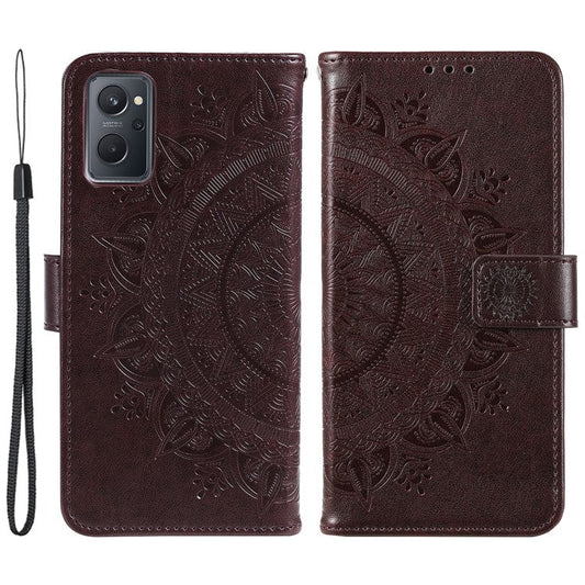 For Realme 9i / Oppo A36/A76 Imprinted Mandala Flower PU Leather Cover Viewing Stand Wallet Folio Flip Case with Wrist Strap - Brown