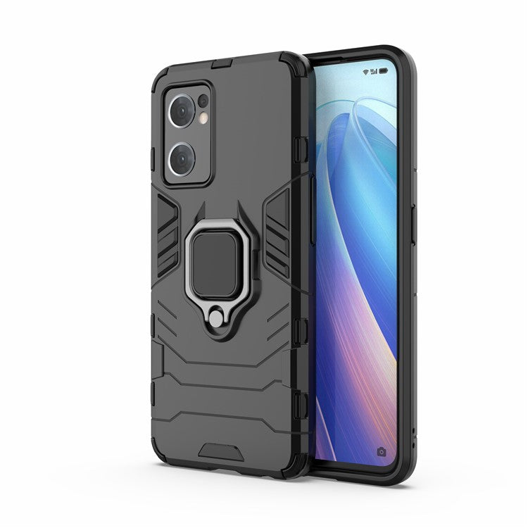PC + TPU Combo Hybrid Phone Protective Cover for Oppo Reno7 5G (Global) One-Hand Operating Ring Kickstand Case  - Black