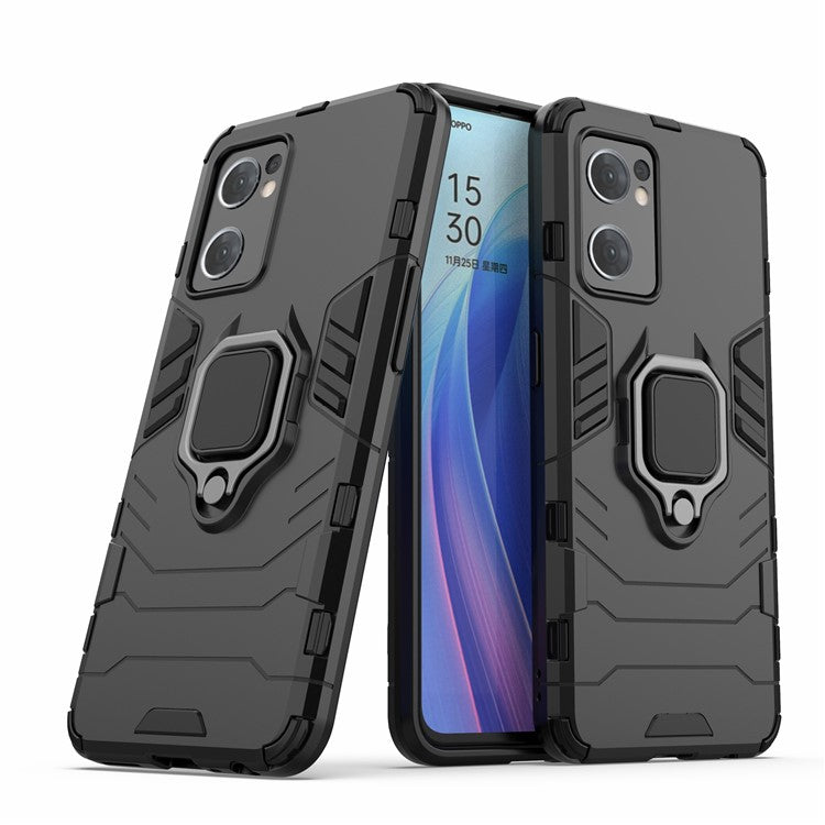 PC + TPU Combo Hybrid Phone Protective Cover for Oppo Reno7 5G (Global) One-Hand Operating Ring Kickstand Case  - Black