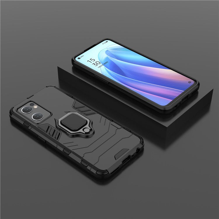 PC + TPU Combo Hybrid Phone Protective Cover for Oppo Reno7 5G (Global) One-Hand Operating Ring Kickstand Case  - Black