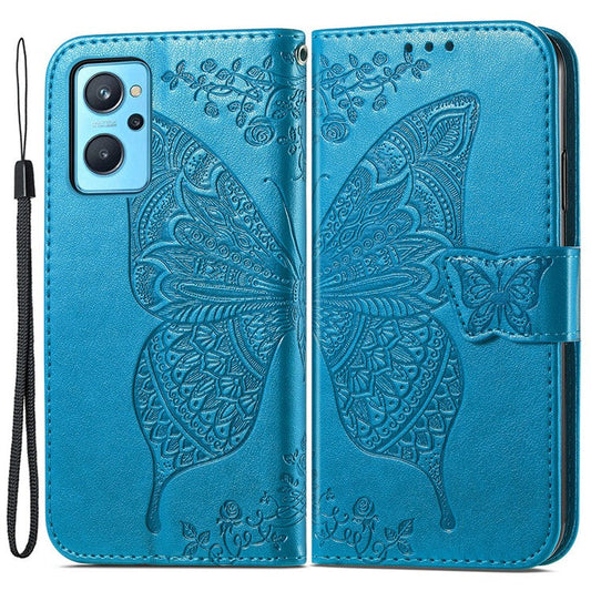 For Realme 9i/Oppo A96/A36 Drop-proof Imprinting Butterfly Flower Cover Adjustable Stand Wallet PU Leather Mobile Phone Case - Blue