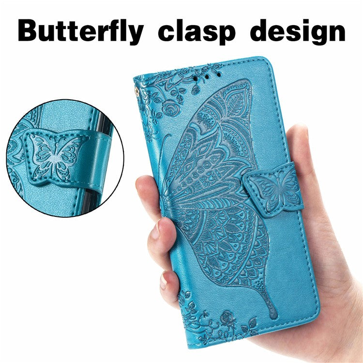 For Realme 9i/Oppo A96/A36 Drop-proof Imprinting Butterfly Flower Cover Adjustable Stand Wallet PU Leather Mobile Phone Case - Blue
