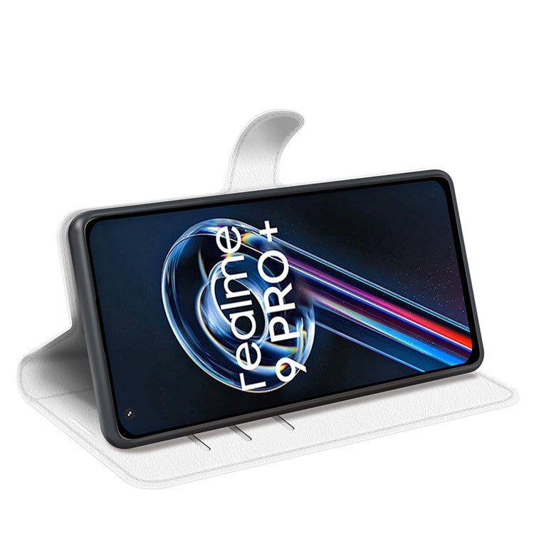 Leather Smartphone Cover Bag for Realme 9 Pro+, Wallet Anti-scratch Litchi Texture Phone Stand Function Dustproof Case - White