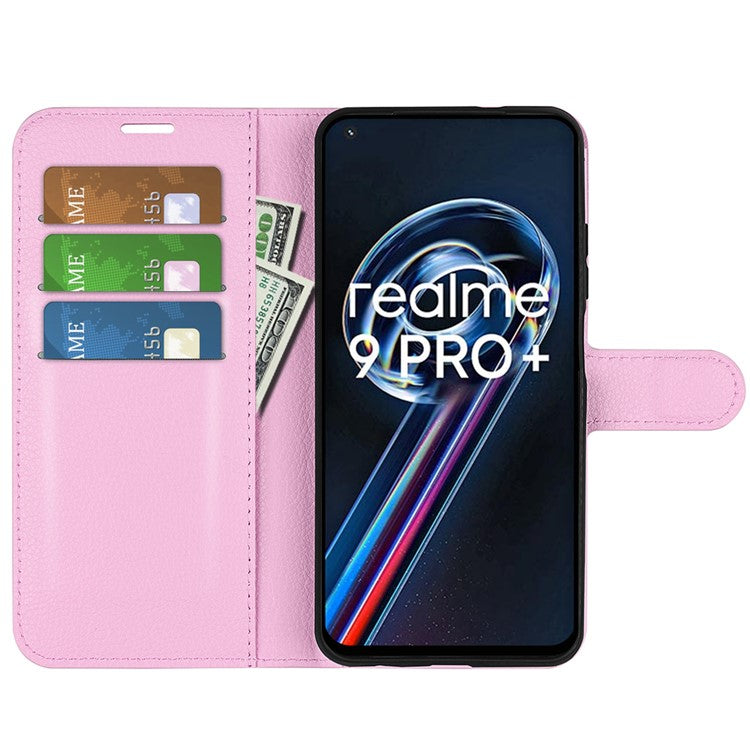 Leather Smartphone Cover Bag for Realme 9 Pro+, Wallet Anti-scratch Litchi Texture Phone Stand Function Dustproof Case - Pink