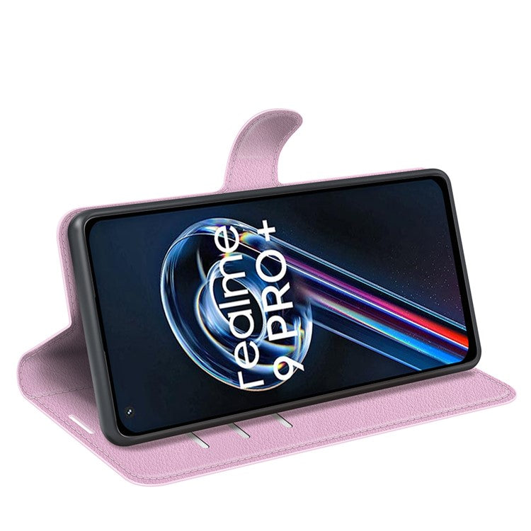 Leather Smartphone Cover Bag for Realme 9 Pro+, Wallet Anti-scratch Litchi Texture Phone Stand Function Dustproof Case - Pink