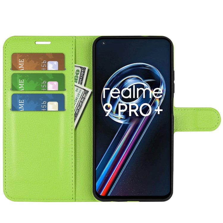 Leather Smartphone Cover Bag for Realme 9 Pro+, Wallet Anti-scratch Litchi Texture Phone Stand Function Dustproof Case - Green