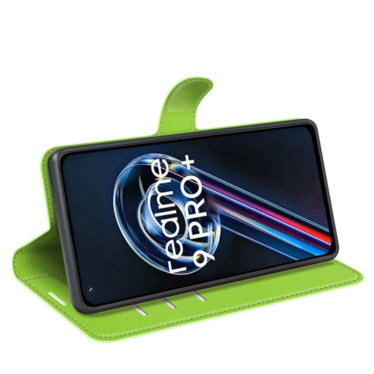 Leather Smartphone Cover Bag for Realme 9 Pro+, Wallet Anti-scratch Litchi Texture Phone Stand Function Dustproof Case - Green