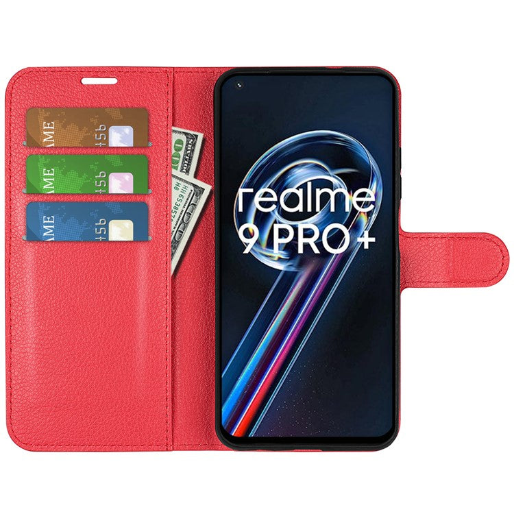 Leather Smartphone Cover Bag for Realme 9 Pro+, Wallet Anti-scratch Litchi Texture Phone Stand Function Dustproof Case - Red