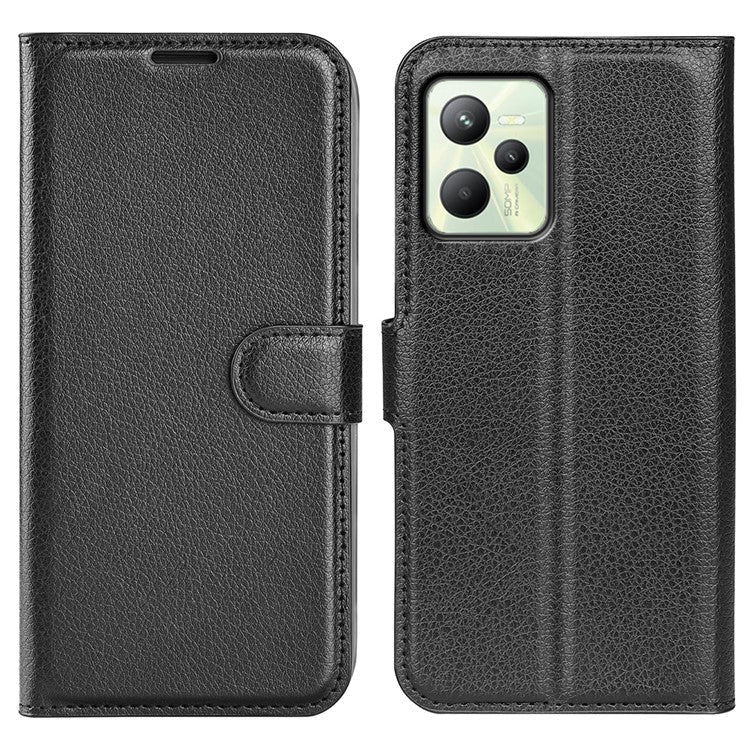 For Realme C35 Wallet Anti-scratch Litchi Texture PU Leather Flip Cover Stand Magnetic Closure Anti-dust Phone Case - Black