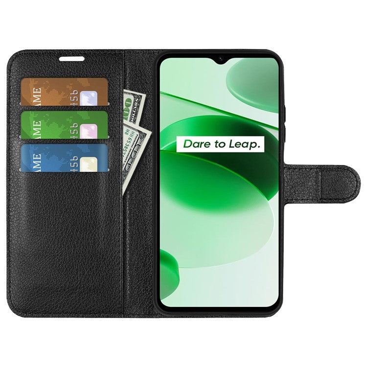 For Realme C35 Wallet Anti-scratch Litchi Texture PU Leather Flip Cover Stand Magnetic Closure Anti-dust Phone Case - Black