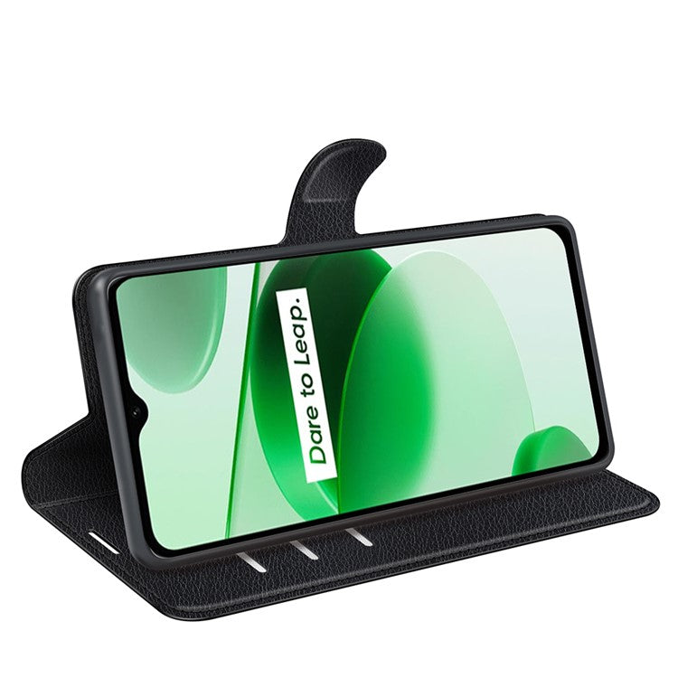 For Realme C35 Wallet Anti-scratch Litchi Texture PU Leather Flip Cover Stand Magnetic Closure Anti-dust Phone Case - Black