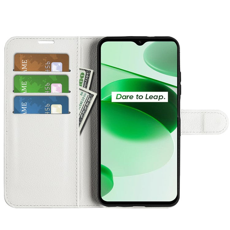 For Realme C35 Wallet Anti-scratch Litchi Texture PU Leather Flip Cover Stand Magnetic Closure Anti-dust Phone Case - White