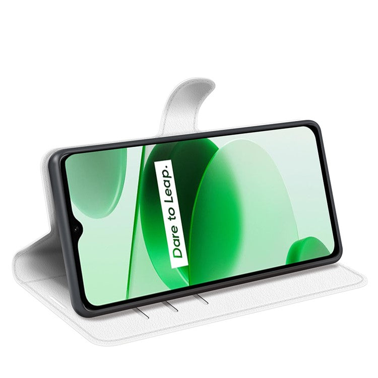 For Realme C35 Wallet Anti-scratch Litchi Texture PU Leather Flip Cover Stand Magnetic Closure Anti-dust Phone Case - White