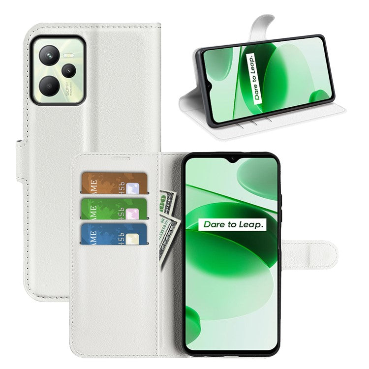 For Realme C35 Wallet Anti-scratch Litchi Texture PU Leather Flip Cover Stand Magnetic Closure Anti-dust Phone Case - White
